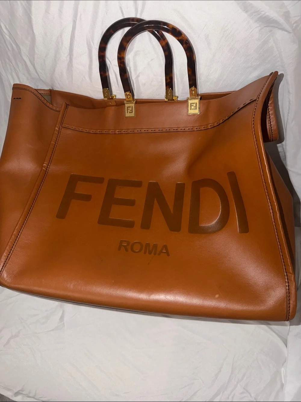Fendi Cognac Leather ROMA Tote with Tortoiseshell Handles